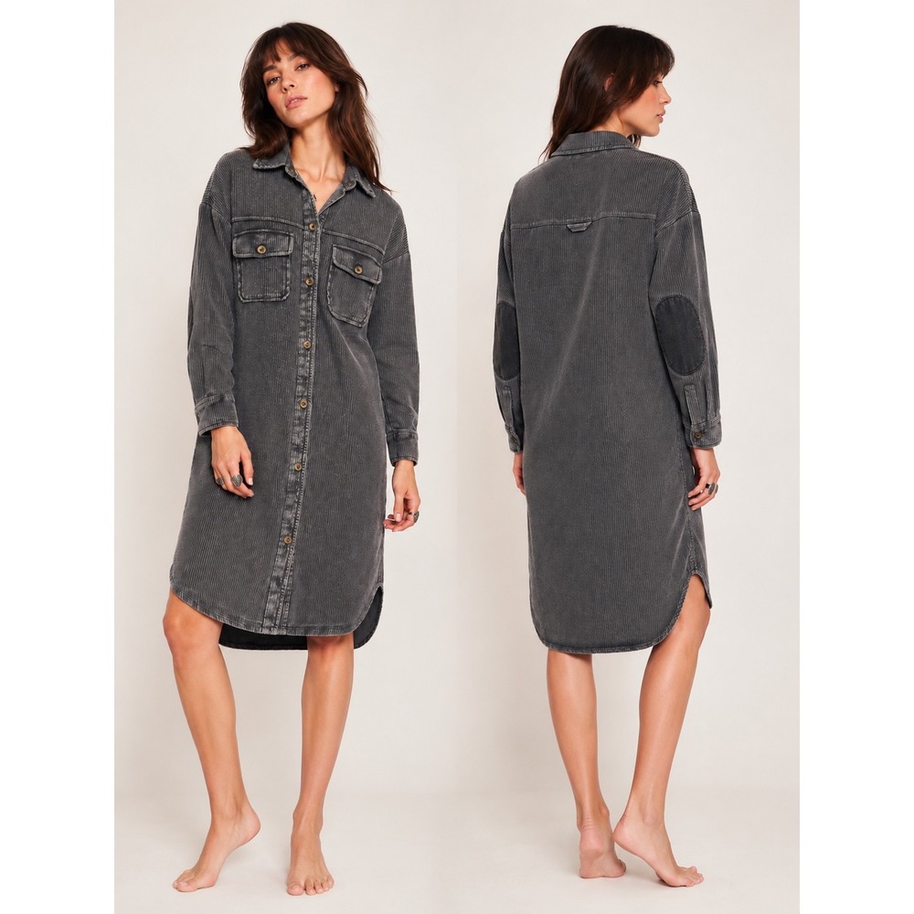 Pilcro Shirt Dress Womens XS Grey Good Corduroy Dark Academia Elbow Patch